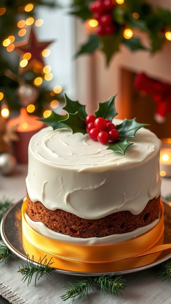 Classic One-Tier Christmas Cake Recipe A one-tier Christmas cake covered in white fondant, decorated with holly and berries, set in a festive holiday setting.